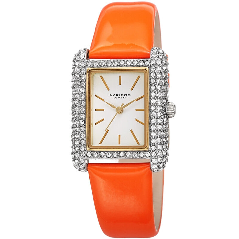 Akribos XXIV Swarovski Crystal Studded Silver Tone Tank-Shaped Case, Orange Patent Leather Strap, Silver Dial and Gold Tone Applied Markers