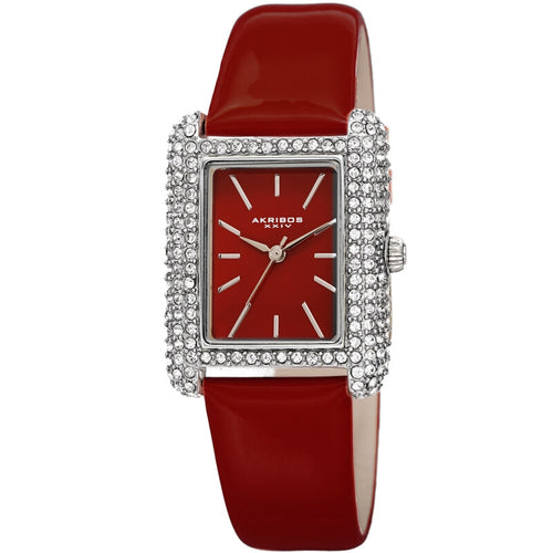 Akribos XXIV Swarovski Crystal Studded Silver Tank Shaped Case, Red Patent Leather Strap, Red Dial and Silver Tone Applied Markers