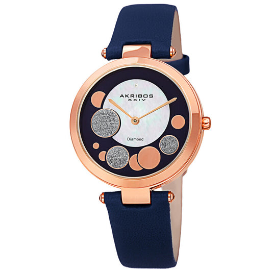 Akribos XXIV Ion Plated Rose Gold Tone Case with Diamond on Circular Pattern MOP Dial, on a Dark Blue Leather Strap