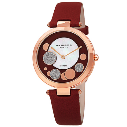 Akribos XXIV Ion Plated Rose Gold Tone Case with Diamond on Circular Pattern MOP Dial, on a Burgundy Leather Strap