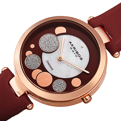 Akribos XXIV Ion Plated Rose Gold Tone Case with Diamond on Circular Pattern MOP Dial, on a Burgundy Leather Strap