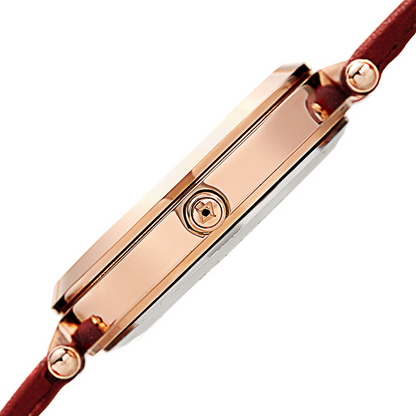 Akribos XXIV Ion Plated Rose Gold Tone Case with Diamond on Circular Pattern MOP Dial, on a Burgundy Leather Strap