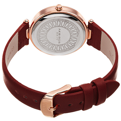 Akribos XXIV Ion Plated Rose Gold Tone Case with Diamond on Circular Pattern MOP Dial, on a Burgundy Leather Strap