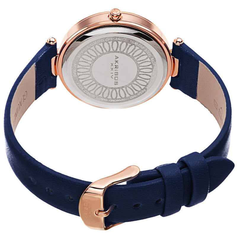 Akribos XXIV Ion Plated Rose Gold Tone Case with Diamond on Circular Pattern MOP Dial, on a Dark Blue Leather Strap