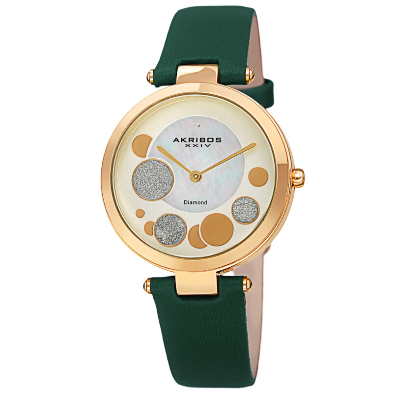 Akribos XXIV Ion Plated Gold Tone Case with Diamond on Circular Pattern MOP Dial, on a Dark GreenLeather Strap