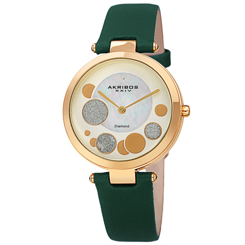 Akribos XXIV Ion Plated Gold Tone Case with Diamond on Circular Pattern MOP Dial, on a Dark GreenLeather Strap
