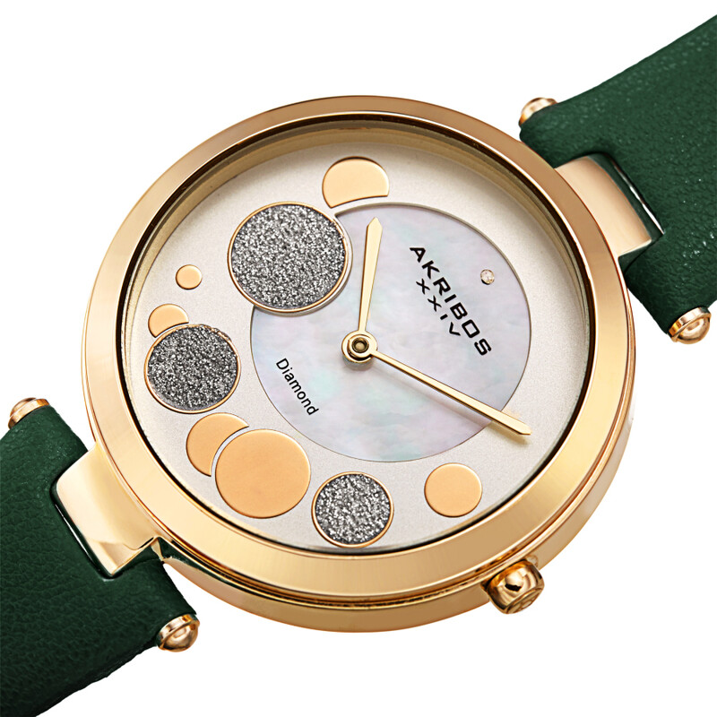 Akribos XXIV Ion Plated Gold Tone Case with Diamond on Circular Pattern MOP Dial, on a Dark GreenLeather Strap