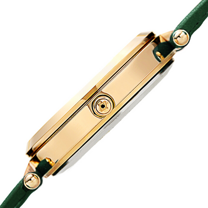 Akribos XXIV Ion Plated Gold Tone Case with Diamond on Circular Pattern MOP Dial, on a Dark GreenLeather Strap