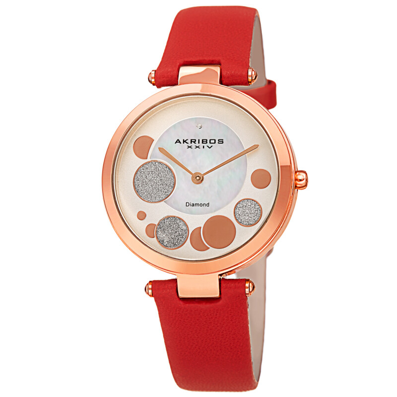 Akribos XXIV Ion Plated Gold Tone Case with Diamond on Circular Pattern MOP Dial, on a Red Leather Strap