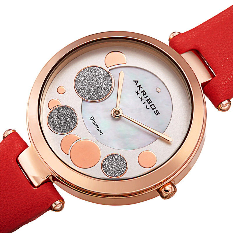 Akribos XXIV Ion Plated Gold Tone Case with Diamond on Circular Pattern MOP Dial, on a Red Leather Strap
