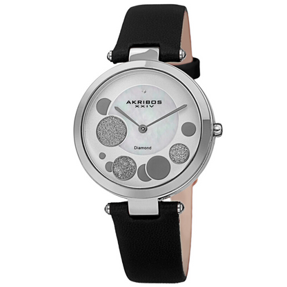 Akribos XXIV Ion Plated Silver Tone Case with Diamond on Circular Pattern MOP Dial, on a Black Leather Strap