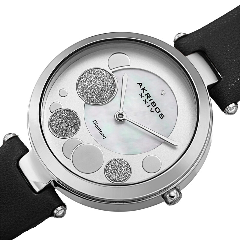 Akribos XXIV Ion Plated Silver Tone Case with Diamond on Circular Pattern MOP Dial, on a Black Leather Strap