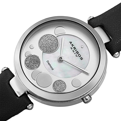 Akribos XXIV Ion Plated Silver Tone Case with Diamond on Circular Pattern MOP Dial, on a Black Leather Strap