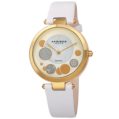 Akribos XXIV Ion Plated Gold Tone Case with Diamond on Circular Pattern MOP Dial, on a White Leather Strap