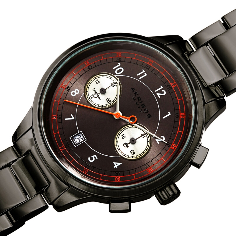 Akribos XXIV Ion Plated Gun Tone Case Chronograph Watch with Gun Link Bracelet and Gun Dial