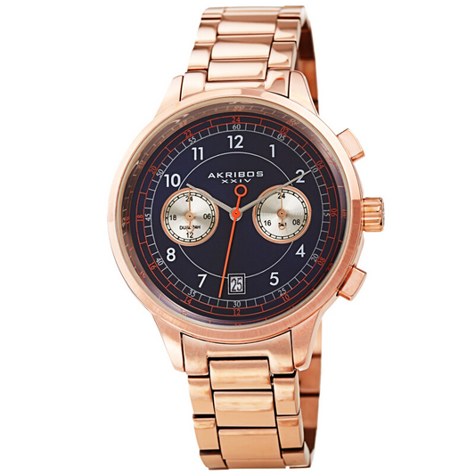 Akribos XXIV Ion Plated Rose Gold Tone Case Chronograph Watch with Rose Gold Tone Link Bracelet and Blue Dial