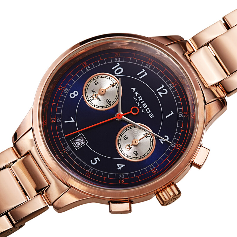 Akribos XXIV Ion Plated Rose Gold Tone Case Chronograph Watch with Rose Gold Tone Link Bracelet and Blue Dial