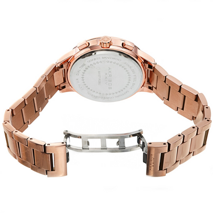 Akribos XXIV Ion Plated Rose Gold Tone Case Chronograph Watch with Rose Gold Tone Link Bracelet and Blue Dial