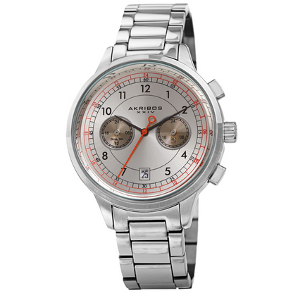Akribos XXIV Ion Plated Silver Tone Case Chronograph Watch with Silver Link Bracelet and Silver Dial