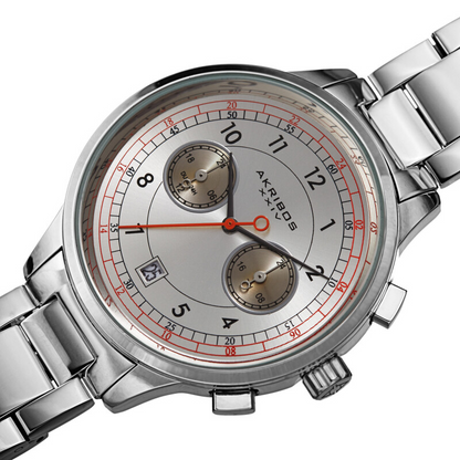 Akribos XXIV Ion Plated Silver Tone Case Chronograph Watch with Silver Link Bracelet and Silver Dial