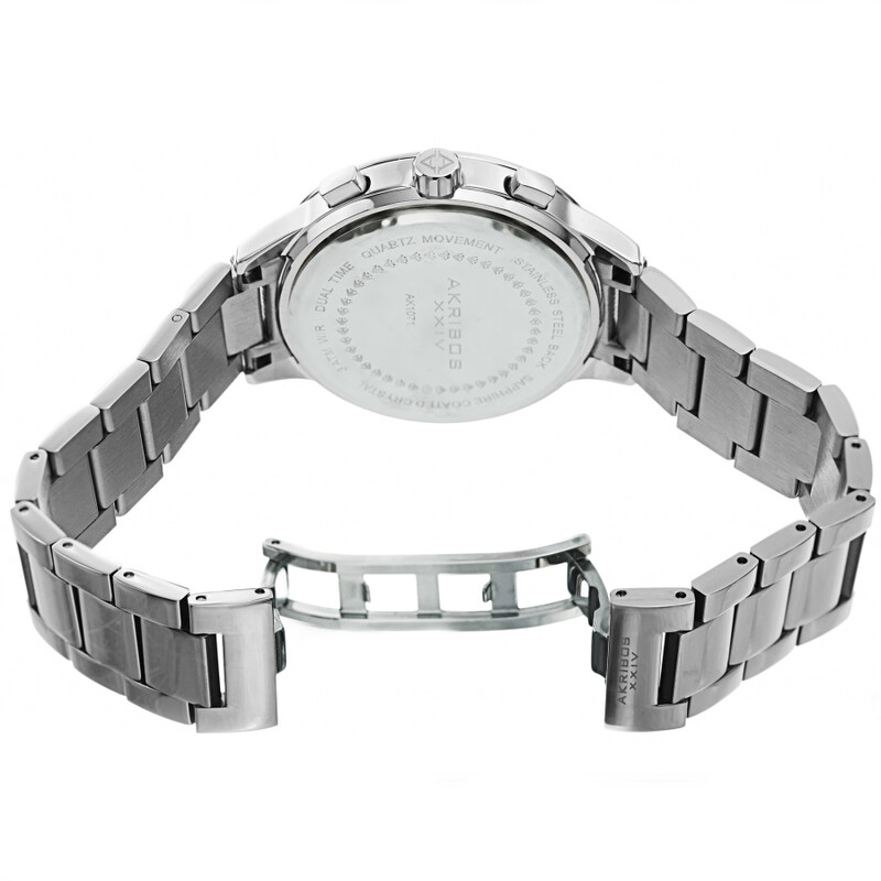 Akribos XXIV Ion Plated Silver Tone Case Chronograph Watch with Silver Link Bracelet and Silver Dial