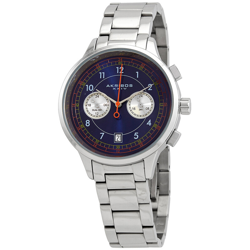 Akribos XXIV Ion Plated Silver Tone Case Chronograph Watch with Silver Link Bracelet and Blue Dial