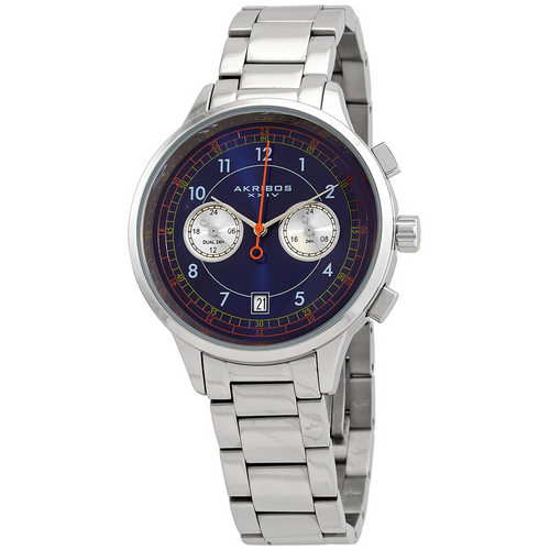 Akribos XXIV Ion Plated Silver Tone Case Chronograph Watch with Silver Link Bracelet and Blue Dial