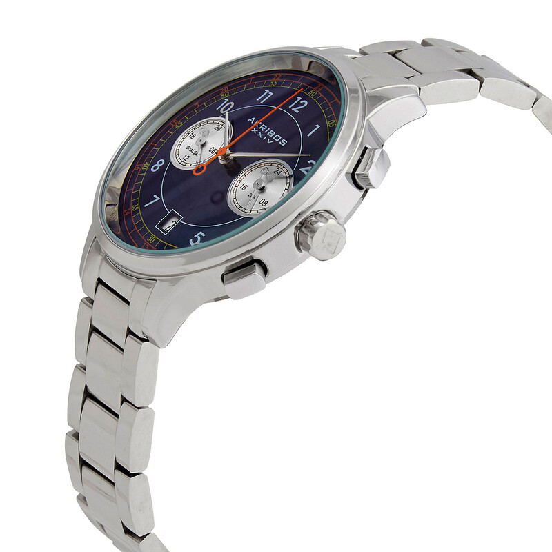 Akribos XXIV Ion Plated Silver Tone Case Chronograph Watch with Silver Link Bracelet and Blue Dial