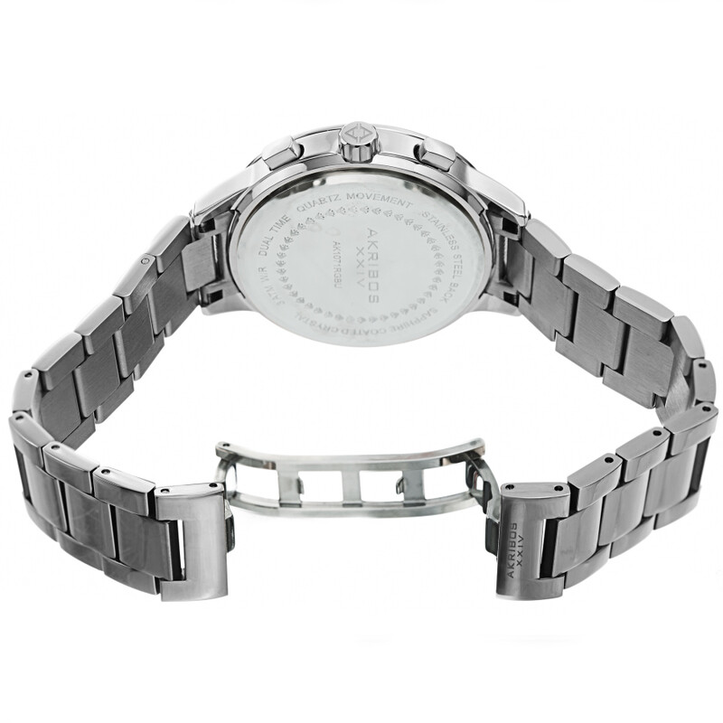 Akribos XXIV Ion Plated Silver Tone Case Chronograph Watch with Silver Link Bracelet and Blue Dial