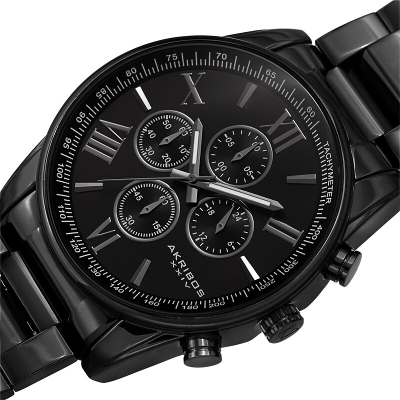 Akribos XXIV Ion Plated Black Chronograph Watch with Black Stainless Steel Bracelet