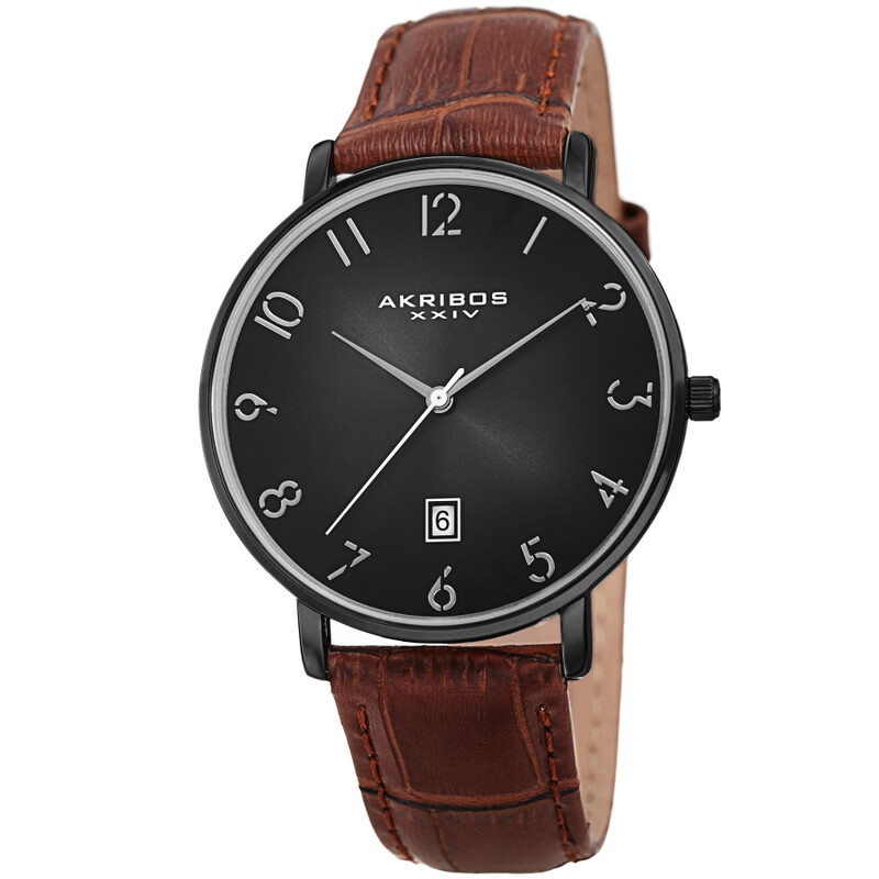 Akribos XXIV Ion Plated Black Case with Domed Crystal, Grey Dial, on a Brown Croco Strap