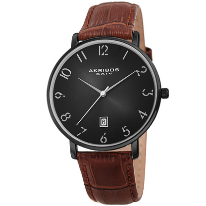 Akribos XXIV Ion Plated Black Case with Domed Crystal, Grey Dial, on a Brown Croco Strap
