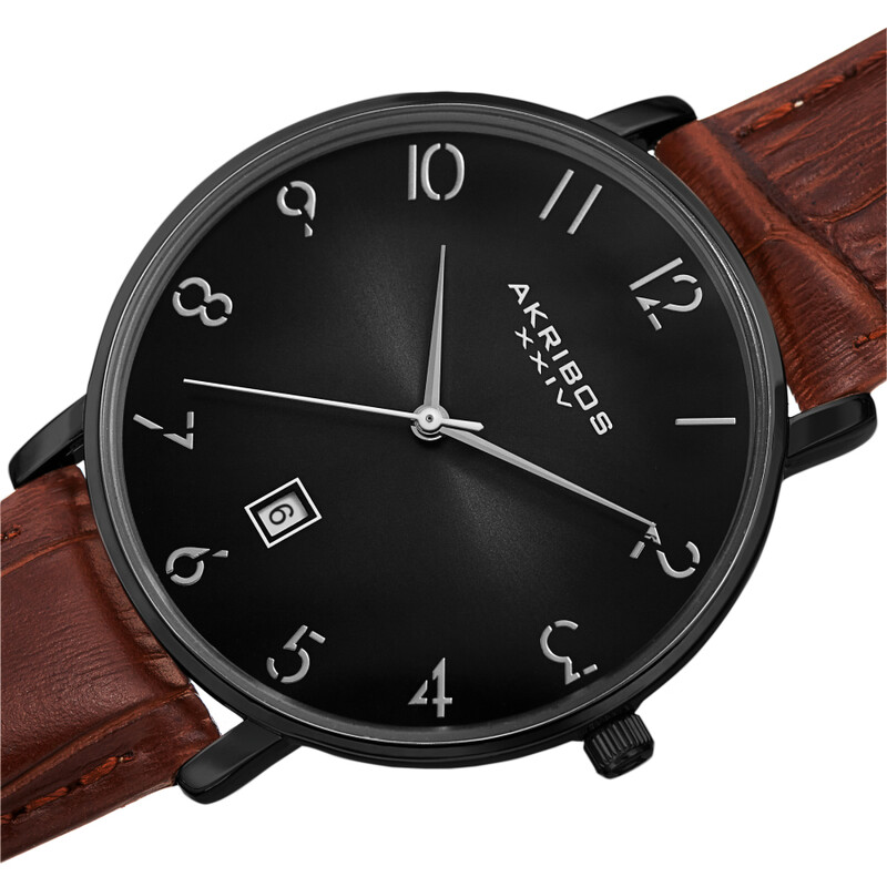 Akribos XXIV Ion Plated Black Case with Domed Crystal, Grey Dial, on a Brown Croco Strap