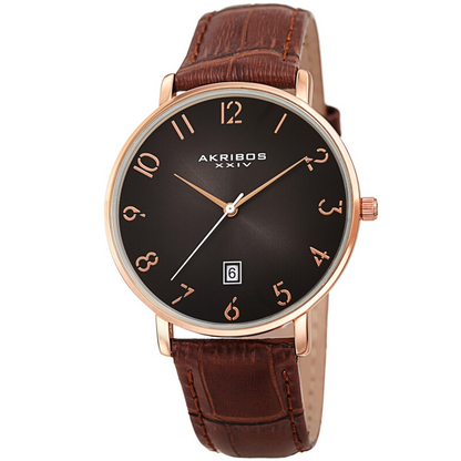 Akribos XXIV Ion Plated Rose Gold Tone Case with Domed Crystal, Ombre Grey Dial, on a Brown Croco Strap