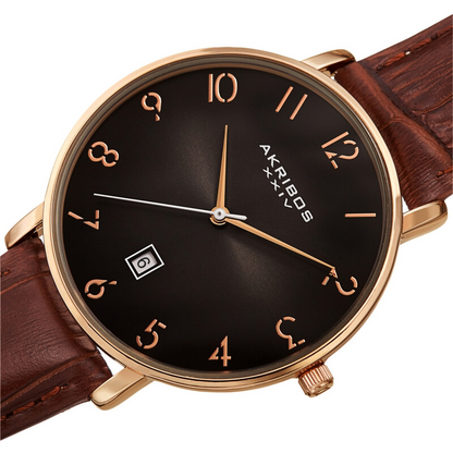 Akribos XXIV Ion Plated Rose Gold Tone Case with Domed Crystal, Ombre Grey Dial, on a Brown Croco Strap