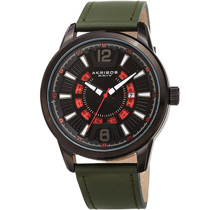 Akribos XXIV Ion Plated Black Case, Black and Red Dial, Khaki Green Strap