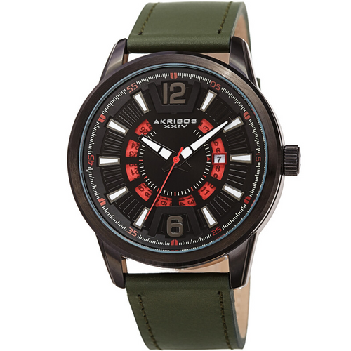 Akribos XXIV Ion Plated Black Case, Black and Red Dial, Khaki Green Strap