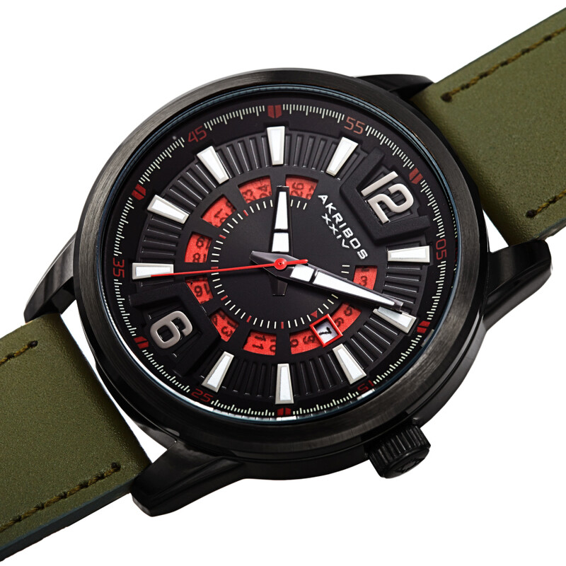 Akribos XXIV Ion Plated Black Case, Black and Red Dial, Khaki Green Strap