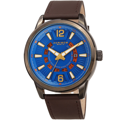 Akribos XXIV Ion Plated Gun Case, Navy and Orange Dial, Brown Strap