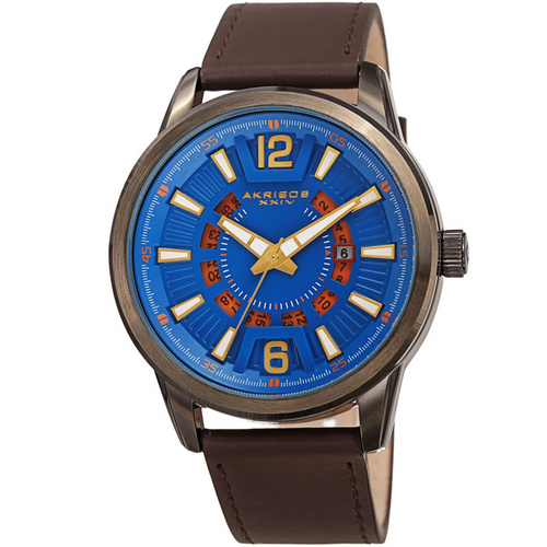 Akribos XXIV Ion Plated Gun Case, Navy and Orange Dial, Brown Strap