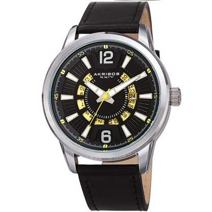 Akribos XXIV Ion Plated Silver Case, Black and Yellow Dial, Black Strap