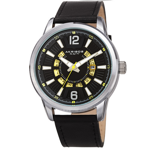 Akribos XXIV Ion Plated Silver Case, Black and Yellow Dial, Black Strap