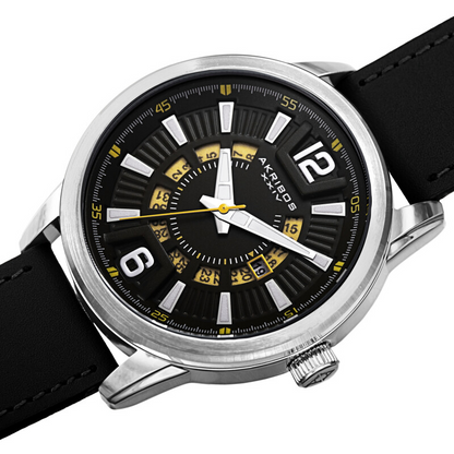 Akribos XXIV Ion Plated Silver Case, Black and Yellow Dial, Black Strap