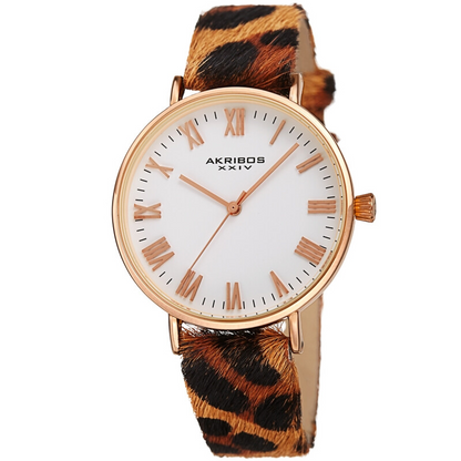 Akribos XXIV Ion Plated Rose Gold Tone Case with White Dial and Leopard Pattern Cavallino Strap