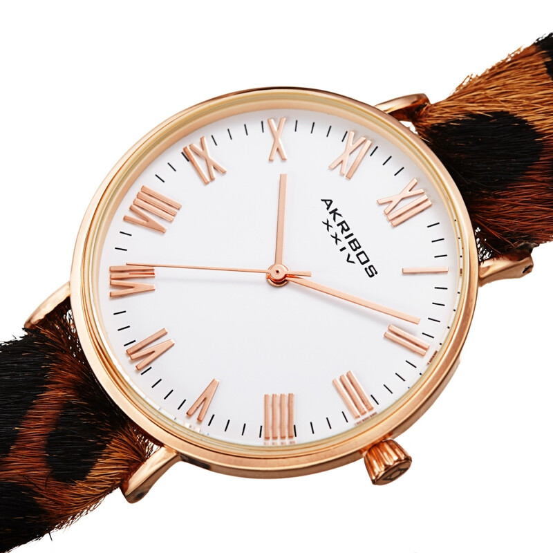 Akribos XXIV Ion Plated Rose Gold Tone Case with White Dial and Leopard Pattern Cavallino Strap