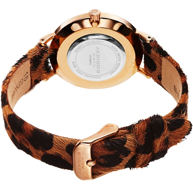 Akribos XXIV Ion Plated Rose Gold Tone Case with White Dial and Leopard Pattern Cavallino Strap