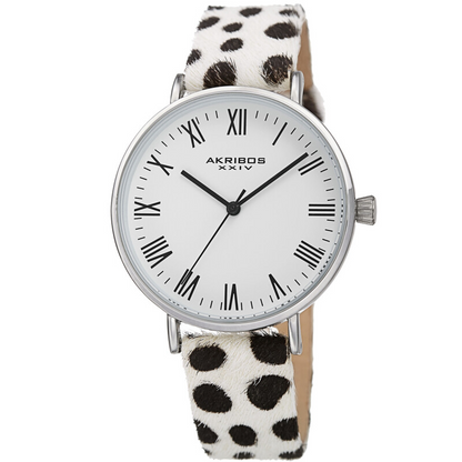 Akribos XXIV Ion Plated Silver Tone Case with White Dial and Dalmation Pattern Cavallino Strap