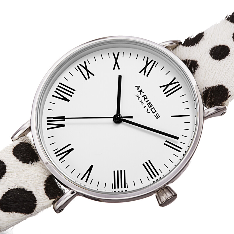 Akribos XXIV Ion Plated Silver Tone Case with White Dial and Dalmation Pattern Cavallino Strap