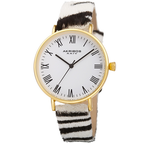 Akribos XXIV Ion Plated Gold Tone Case with White Dial and Zebra Pattern Cavallino Strap