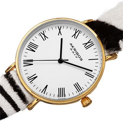 Akribos XXIV Ion Plated Gold Tone Case with White Dial and Zebra Pattern Cavallino Strap